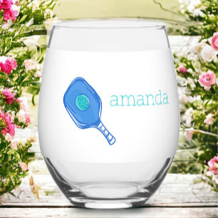 Blue Pickleball Paddle & Ball Personalised Preppy Stemless Wine Glass