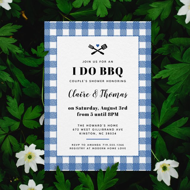 Blue Picnic Plaid Cloth I Do BBQ Invitation (Blue and white sweet country gingham plaid I Do BBQ wedding party invitation )