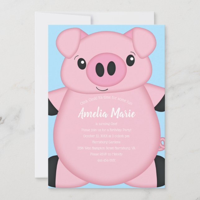 Blue Pig Birthday Party Invitation (Front)