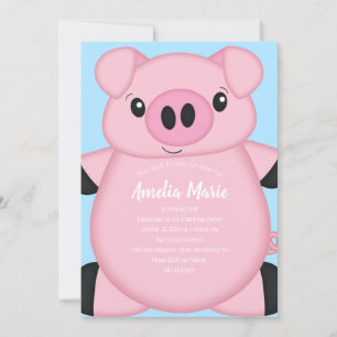 Blue Pig Birthday Party Invitation