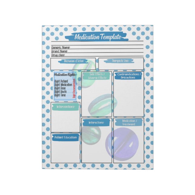 Blue Pill Nursing Student Medication Template Notepad (Rotated)