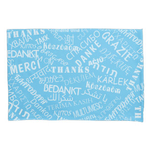 Blue Pillow Case with Multilingual Thank Your Text