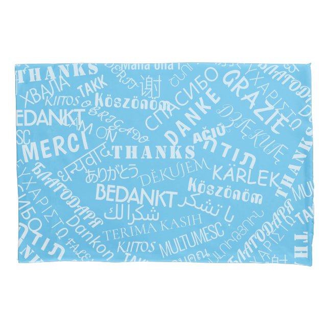 Blue Pillow Case with Multilingual Thank Your Text (Front)