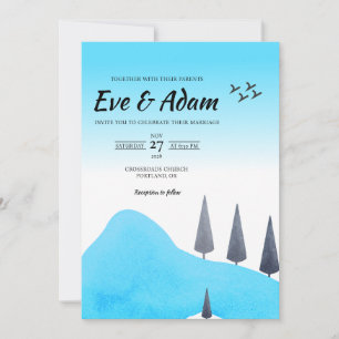Blue Pine Snowy Watercolor Winter Wedding Invitation