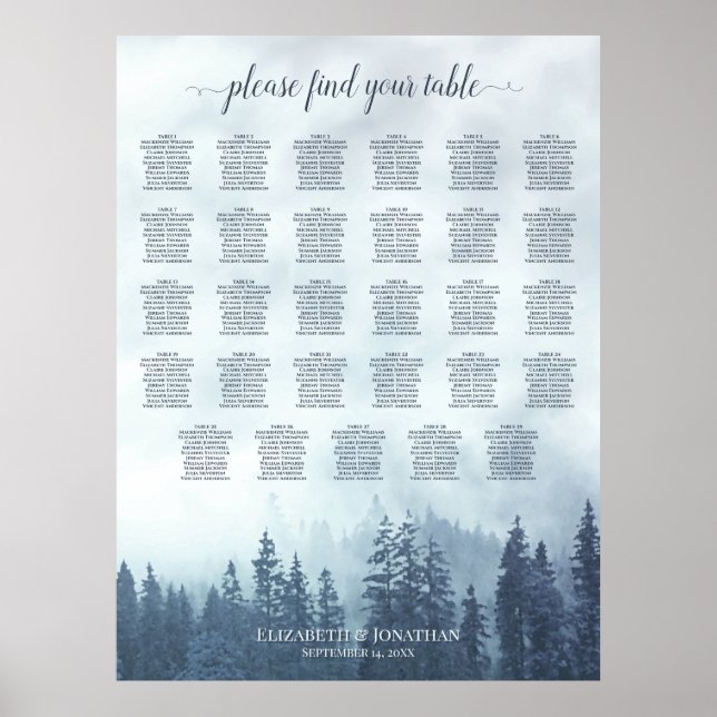 Blue Pine Trees 29 Table Wedding Seating Chart (Front)