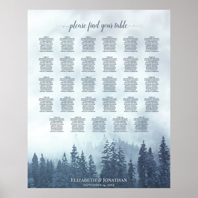 Blue Pine Trees 29 Table Wedding Seating Chart (Front)