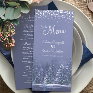 Blue pine trees painted white snow winter wedding menu