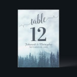 Blue Pine Trees Wedding Table Number Card Large<br><div class="desc">These beautiful wedding table number cards feature an elegant yet rustic design with a fancy script calligraphy title and a backdrop of blue mountain pine trees shrouded in mist or fog. These cards are larger than standard making it easy for your guests to find their tables. Perfect way to make...</div>