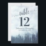 Blue Pine Trees Wedding Table Number Card Large<br><div class="desc">These beautiful wedding table number cards feature an elegant yet rustic design with a fancy script calligraphy title and a backdrop of blue mountain pine trees shrouded in mist or fog. These cards are larger than standard making it easy for your guests to find their tables. Perfect way to make...</div>
