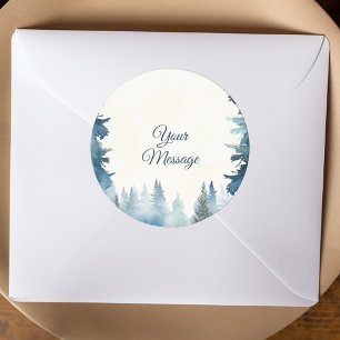 Blue pine trees your message holiday  classic round sticker