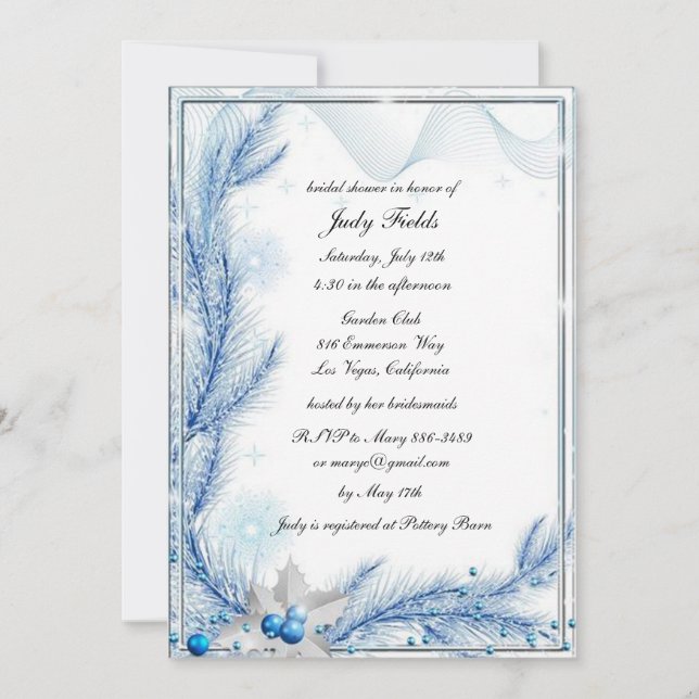 Blue Pine Winter Christmas Wedding Bridal Shower Invitation (Front)