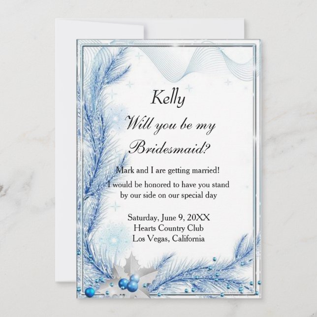 Blue Pine Winter Christmas Wedding Bridesmaid Card (Front)