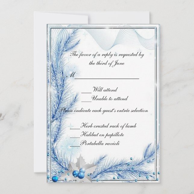 Blue Pine Winter Christmas Wedding Response Card (Front)