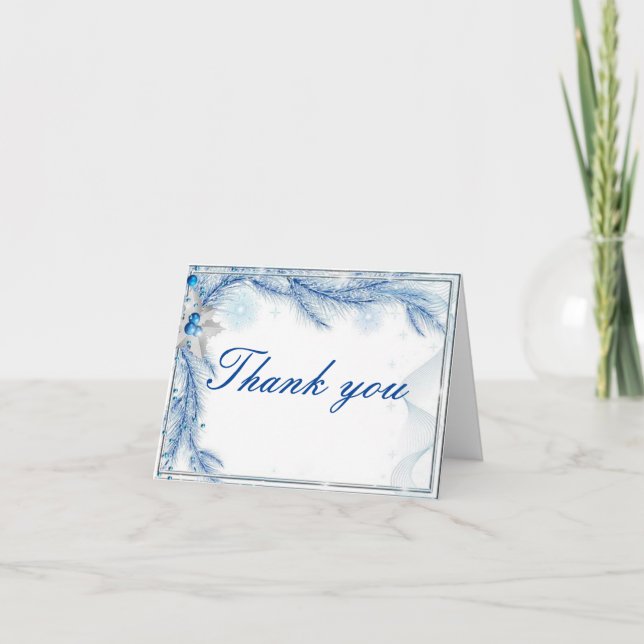 Blue Pine Winter Christmas Wedding Thank You Card (Front)