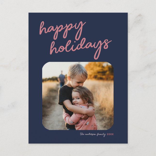Blue Pink 1-Photo Happy Holidays Script Holiday Postcard (Front)