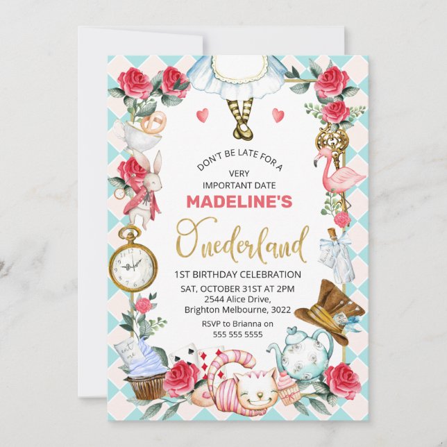Blue Pink Alice In Onederland 1st Birthday Invitation (Front)