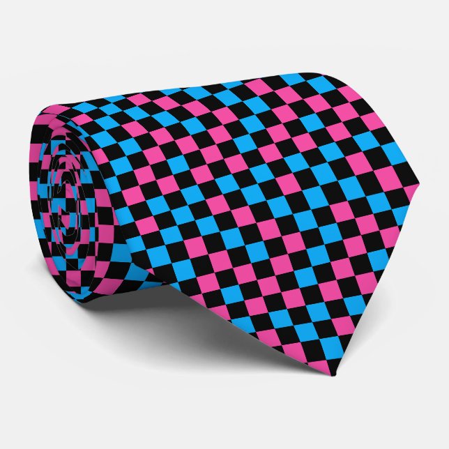 Blue Pink And Black Chequered Pattern  Tie (Rolled)