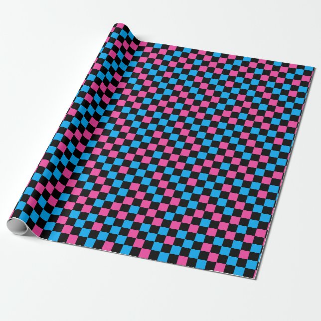 Blue Pink And Black Chequered Pattern  Wrapping Paper (Unrolled)