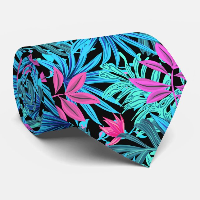Blue, Pink and Green Tropical Leaves Tie (Rolled)