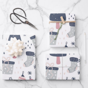 Blue Pink and Grey Christmas Wrapping Paper Sheet