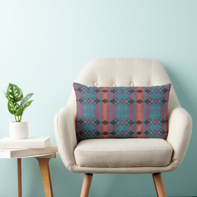 Blue pink and orange geometric abstract lumbar cushion (Chair)