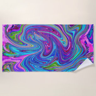 Blue, Pink and Purple Groovy Abstract Retro Art Beach Towel