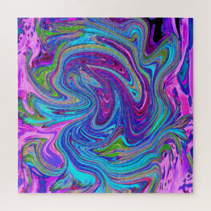 Blue, Pink and Purple Groovy Abstract Retro Art Jigsaw Puzzle