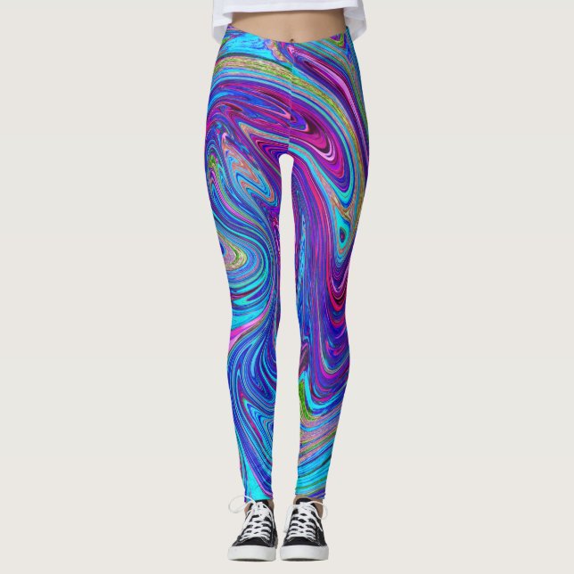 Blue, Pink and Purple Groovy Abstract Retro Art Leggings (Front)
