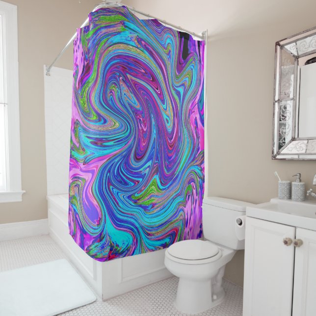 Blue, Pink and Purple Groovy Abstract Retro Art Shower Curtain (In Situ)