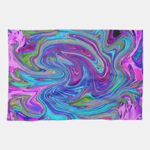 Blue, Pink and Purple Groovy Abstract Retro Art Tea Towel