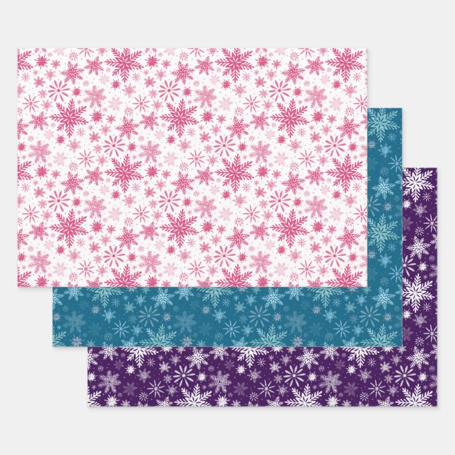 Blue Pink and Purple Snowflakes Wrapping Paper Sheet (Set)
