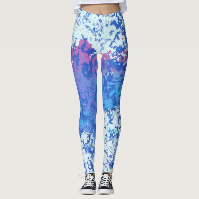 Blue Pink and White abstract Leggings (Front)