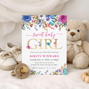 Blue, Pink and White Summer Flowers Baby Shower Invitation