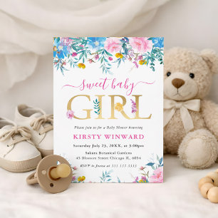 Blue, Pink and Yellow Summer Flowers Baby Shower Invitation