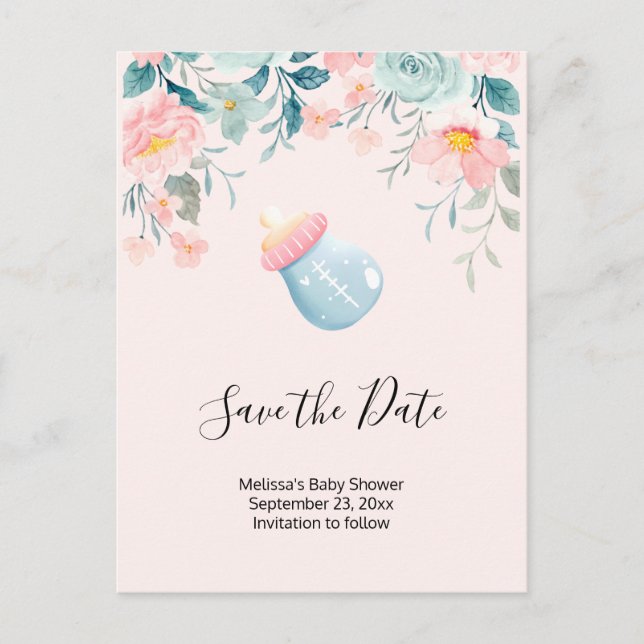 Blue & Pink Baby Bottle Baby Shower Save the Date Invitation Postcard (Front)