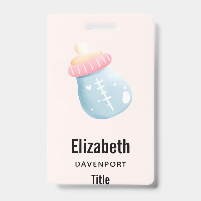 Blue & Pink Baby Bottle Cute ID Badge (Front)