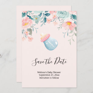 Blue & Pink Baby Bottle with Flower Border Save The Date