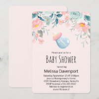 Blue & Pink Baby Bottle with Flowers Baby Shower