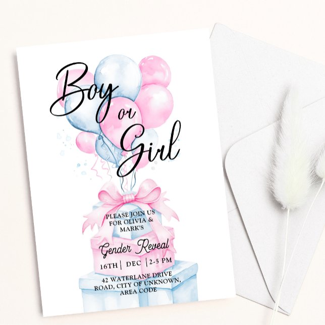 Blue Pink Balloon Surprise Box Gender Reveal  Invitation (Creator Uploaded)