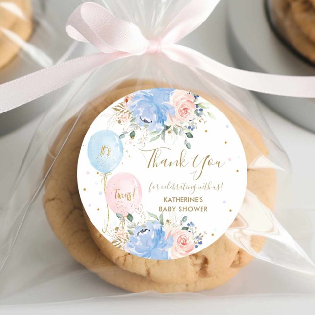 Blue Pink Balloons Floral Twins Baby Shower Classic Round Sticker (Creator Uploaded)