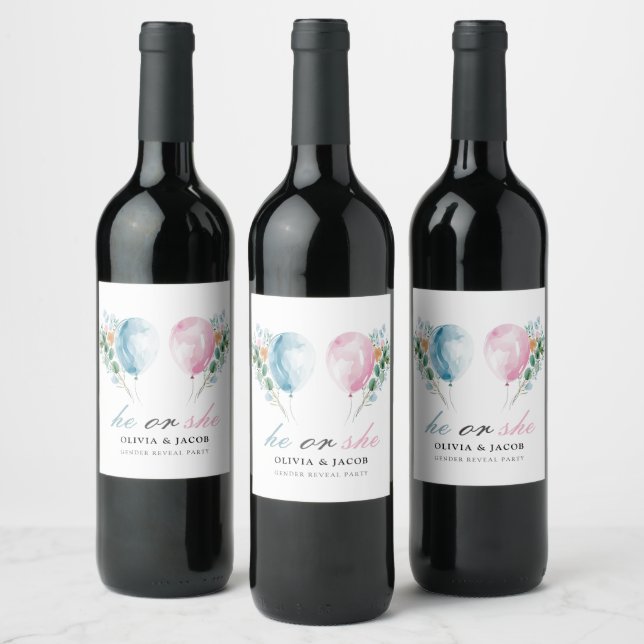 Blue Pink Balloons Gender Reveal Party Wine Label (Bottles)