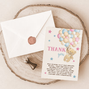 Blue Pink Bear & Balloons Modern Gender Reveal  Thank You Card