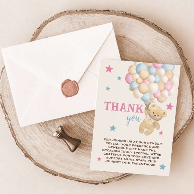 Blue Pink Bear & Balloons Modern Gender Reveal  Thank You Card (Creator Uploaded)