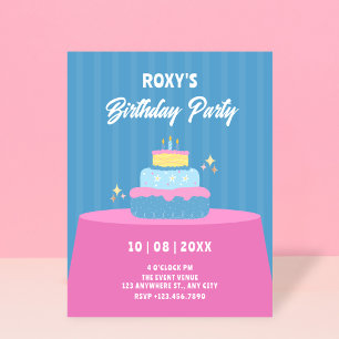 Blue pink Birthday cake  Invitation
