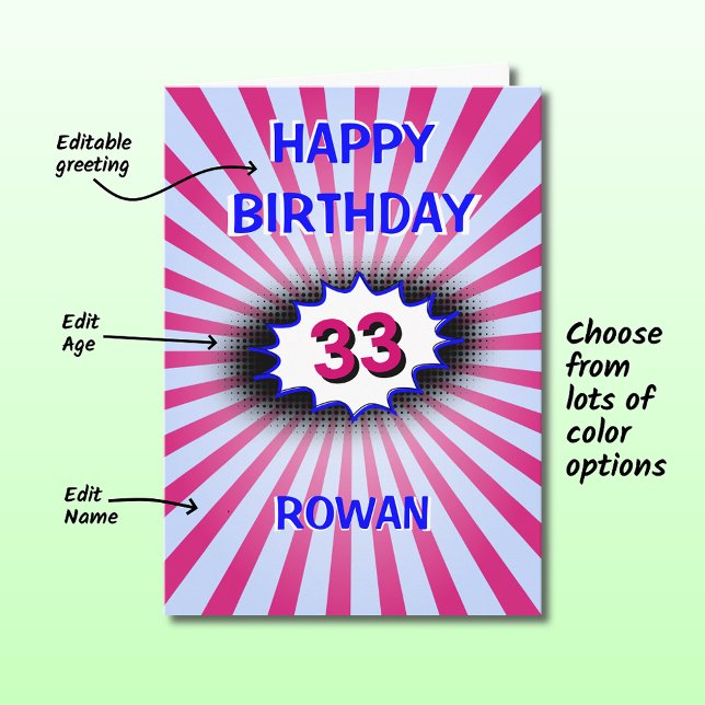 Blue pink birthday custom name and age retro card (Creator Uploaded)