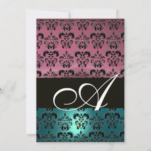 BLUE PINK BLACK DAMASK MONOGRAM ,bright white Invitation
