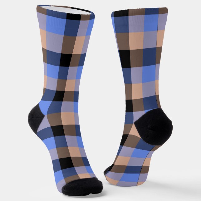Blue Pink Black Plaid Chequered Pattern Socks (Angled)