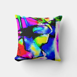 Blue Pink Black Yellow Green Abstract Art Motif Cushion