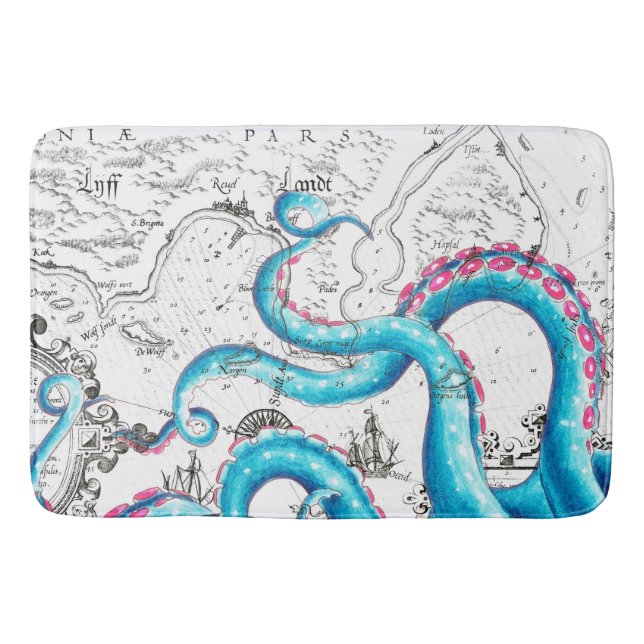 Blue Pink Bleached Tentacles Ink Bath Mat (Front)