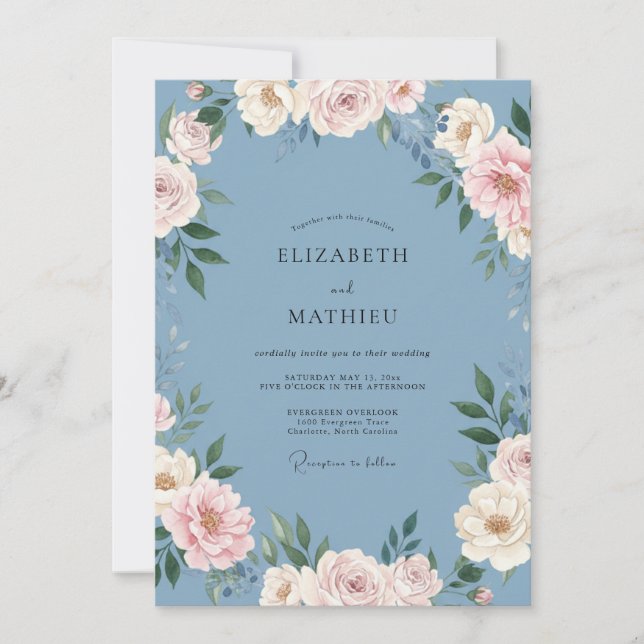 Blue Pink Bloom Wedding Invitation (Front)